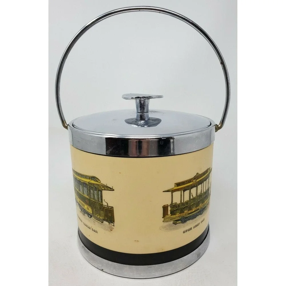 Serv-Master Ice Bucket San Francisco Trolley Cars Chrome Vintage 1960s Cream 1pc